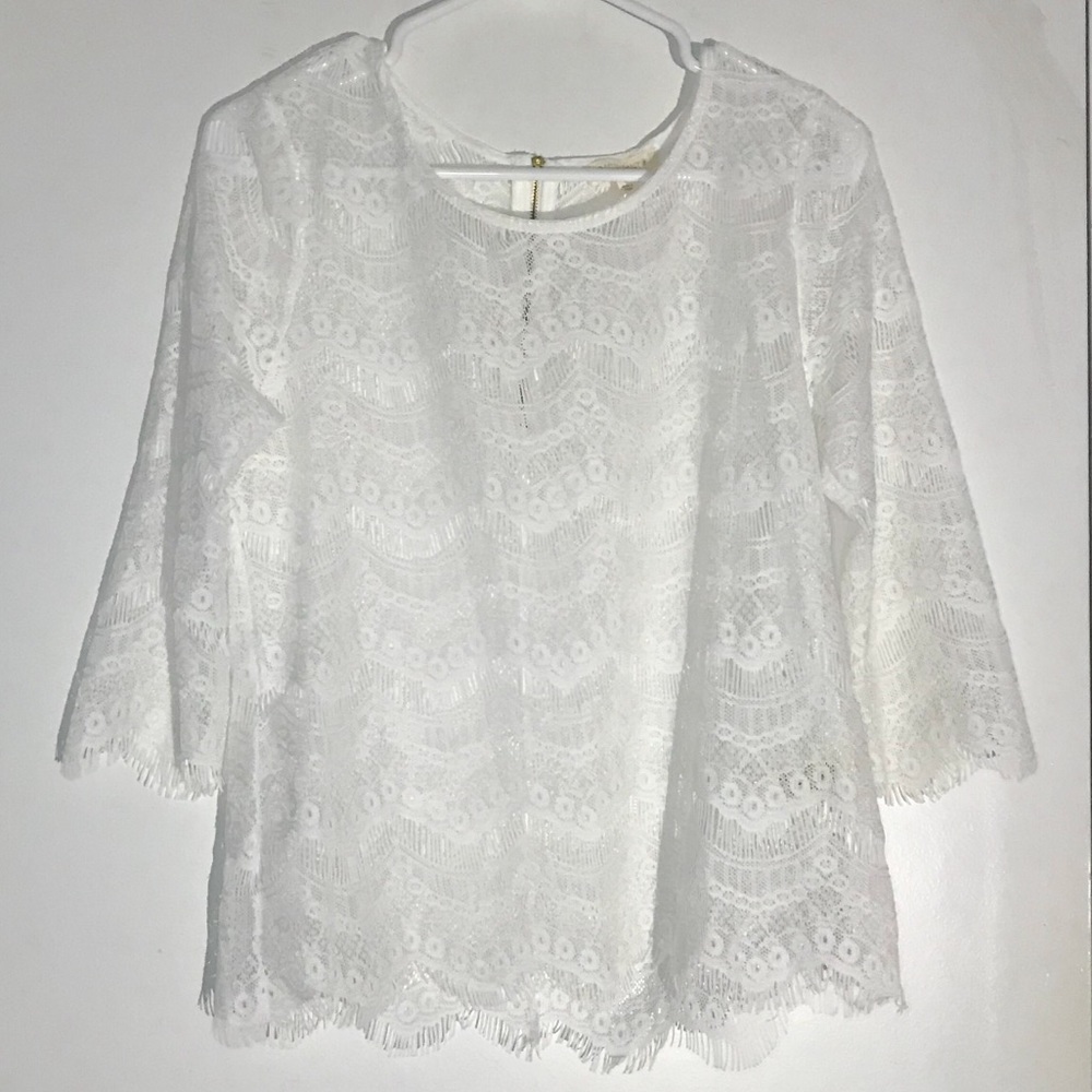 White Lace Crochet Cutout 3/4 Sleeve Blouse